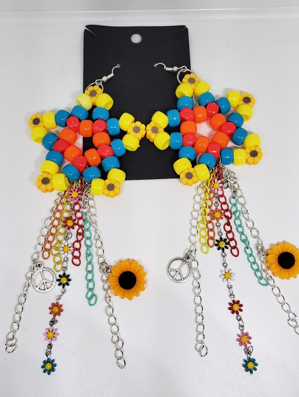 Handmade Retro 70s Hippie Sunflower Peace Sign Dangle Kandi Star Earrings